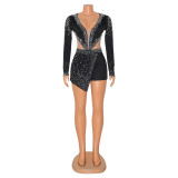 Autumn and winter women's sexy v-neck Beaded Tight Fitting long-sleeved Jumpsuit for women