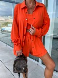 Casual Three-Piece Holidays Loose Pocket Women's Tank Shirt Shorts Set