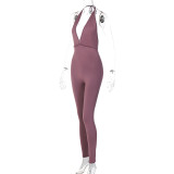 Summer V-neck Halter Neck Sexy Low Back Sports Slim Jumpsuit Women