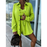 Casual Three-Piece Holidays Loose Pocket Women's Tank Shirt Shorts Set