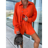 Casual Three-Piece Holidays Loose Pocket Women's Tank Shirt Shorts Set
