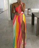 Ladies High Waist Sexy Printed Slit One Shoulder Dress