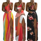 Ladies High Waist Sexy Printed Slit One Shoulder Dress