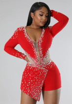 Autumn and winter women's sexy v-neck Beaded Tight Fitting long-sleeved Jumpsuit for women