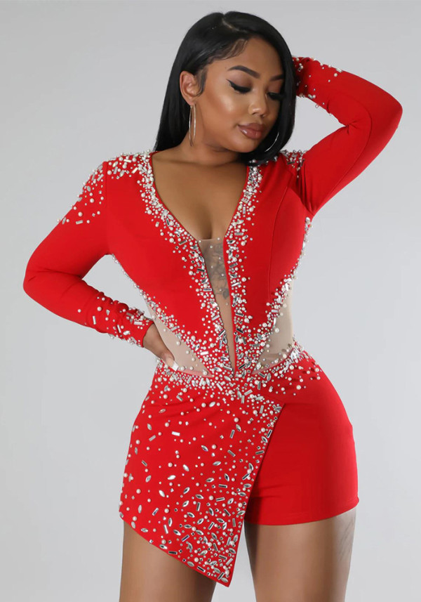 Autumn and winter women's sexy v-neck Beaded Tight Fitting long-sleeved Jumpsuit for women