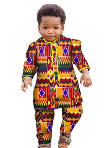 African Ankara Fashion Printed Boys Set Long Sleeve Shirt Pants African Kids Clothes