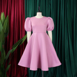 Retro Round Neck Chic Puff Sleeve Slim Waist A-Line Swing Party Dress