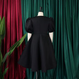 Retro Round Neck Chic Puff Sleeve Slim Waist A-Line Swing Party Dress