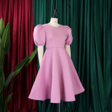 Retro Round Neck Chic Puff Sleeve Slim Waist A-Line Swing Party Dress