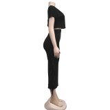 Women Solid Tassel Round Neck Short Sleeve Top and Long Dress Two-Piece Set