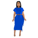 Women Solid Tassel Round Neck Short Sleeve Top and Long Dress Two-Piece Set