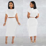 Women Solid Tassel Round Neck Short Sleeve Top and Long Dress Two-Piece Set