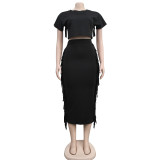Women Solid Tassel Round Neck Short Sleeve Top and Long Dress Two-Piece Set