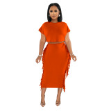 Women Solid Tassel Round Neck Short Sleeve Top and Long Dress Two-Piece Set