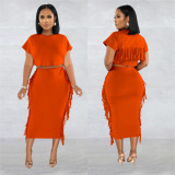 Women Solid Tassel Round Neck Short Sleeve Top and Long Dress Two-Piece Set
