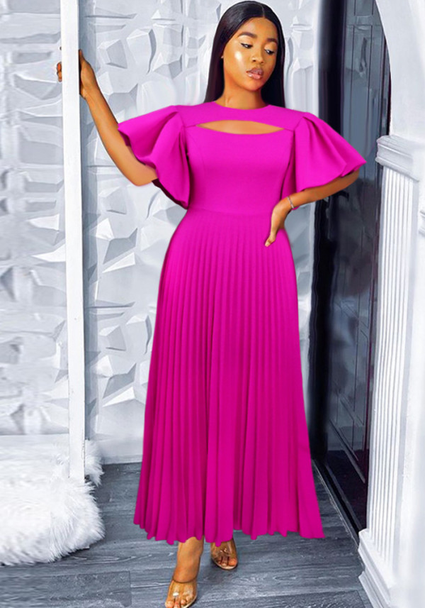 Women Balloon Sleeve Cutout Pleated Skirt
