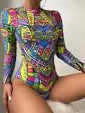 Women Long Sleeve Printed One-Piece Swimwear