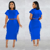 Women Solid Tassel Round Neck Short Sleeve Top and Long Dress Two-Piece Set