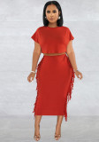 Women Solid Tassel Round Neck Short Sleeve Top and Long Dress Two-Piece Set