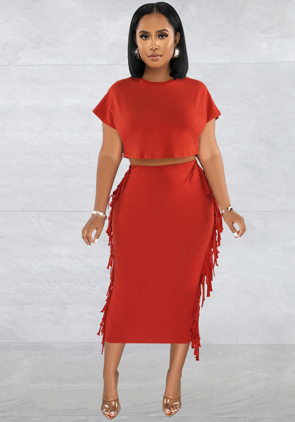 Women Solid Tassel Round Neck Short Sleeve Top and Long Dress Two-Piece Set