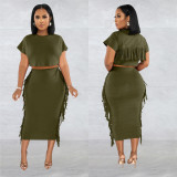 Women Solid Tassel Round Neck Short Sleeve Top and Long Dress Two-Piece Set