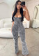 Women Sexy Backless Suspenders Striped knitting Bell Bottom Jumpsuit