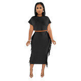 Women Solid Tassel Round Neck Short Sleeve Top and Long Dress Two-Piece Set