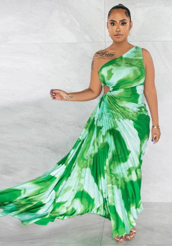 Women Slash Shoulder Sleeveless Pleated Maxi Dress