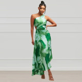 Women Slash Shoulder Sleeveless Pleated Maxi Dress