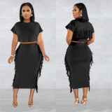 Women Solid Tassel Round Neck Short Sleeve Top and Long Dress Two-Piece Set