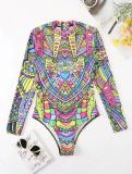 Women Long Sleeve Printed One-Piece Swimwear