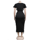 Women Solid Tassel Round Neck Short Sleeve Top and Long Dress Two-Piece Set