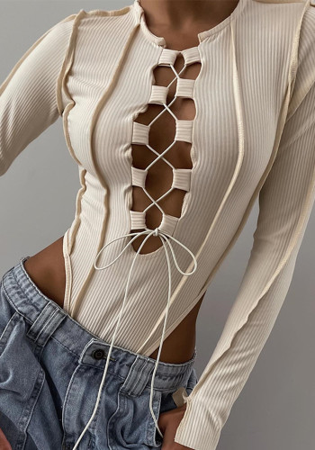 Summer Women Sexy Hollow Solid Long Sleeve Bodysuit