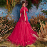 Women's Summer Style Slash Shoulder Pleated Mini Dress Mesh Trailing Formal Party Dress