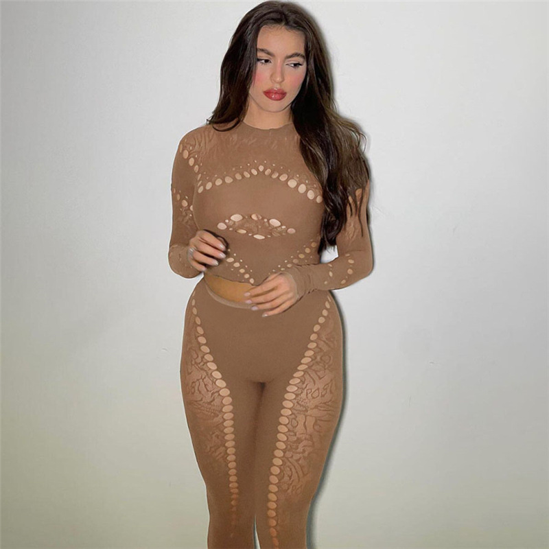 Fall Women's Sexy Round Neck Cutout Tight Fitting Top High Waist See-Through Casual Pant Set