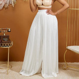 Summer Ladies Solid Color Casual Loose Pleated Wide Leg Pants African Trousers