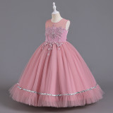 Girls Trendy Evening Dress Birthday Princess Dress Long Mesh Sequin Stage Catwalk Piano Costume