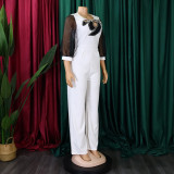 Women'S Summer Short Sleeve Puff Sleeve Beaded Sexy Wide Leg Slim Waist Plus Size Jumpsuit