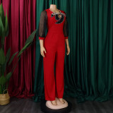 Women'S Summer Short Sleeve Puff Sleeve Beaded Sexy Wide Leg Slim Waist Plus Size Jumpsuit
