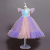 Children's dress skirt sequined flower girl catwalk wedding dress performance clothing girls mesh fluffy princess dress