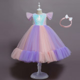 Children's dress skirt sequined flower girl catwalk wedding dress performance clothing girls mesh fluffy princess dress