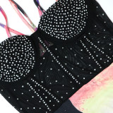 Fashion Beaded Strap Mesh Patchwork Dress