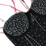 Fashion Beaded Strap Mesh Patchwork Dress