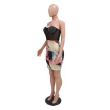 Fashion Beaded Strap Mesh Patchwork Dress