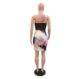 Fashion Beaded Strap Mesh Patchwork Dress