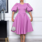 Retro Round Neck Chic Puff Sleeve Slim Waist A-Line Swing Party Dress