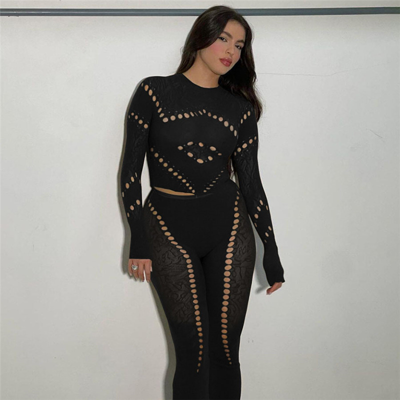 Fall Women's Sexy Round Neck Cutout Tight Fitting Top High Waist See-Through Casual Pant Set