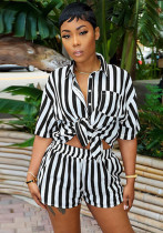 Women's Summer Fashion Stripe Print Set Loose Blouse Two Piece Set