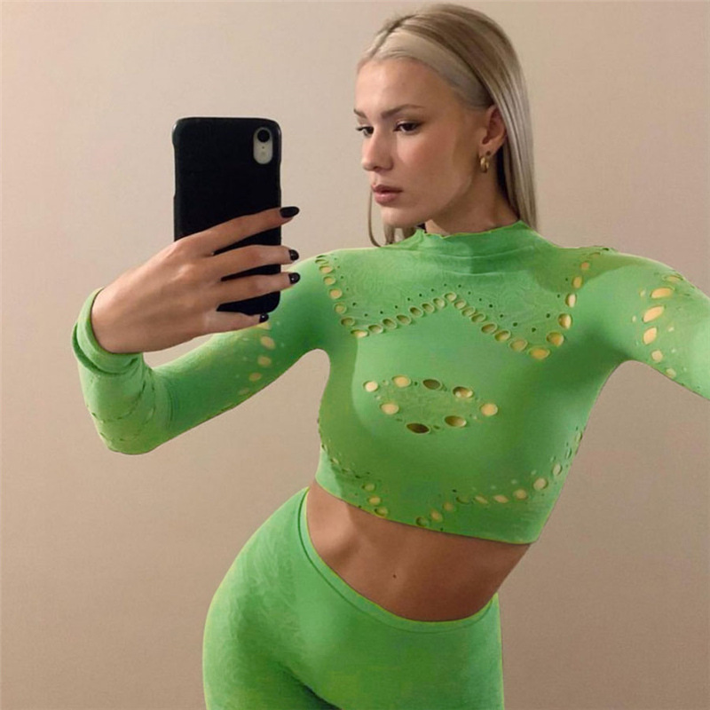 Fall Women's Sexy Round Neck Cutout Tight Fitting Top High Waist See-Through Casual Pant Set