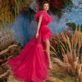 Women's Summer Style Slash Shoulder Pleated Mini Dress Mesh Trailing Formal Party Dress